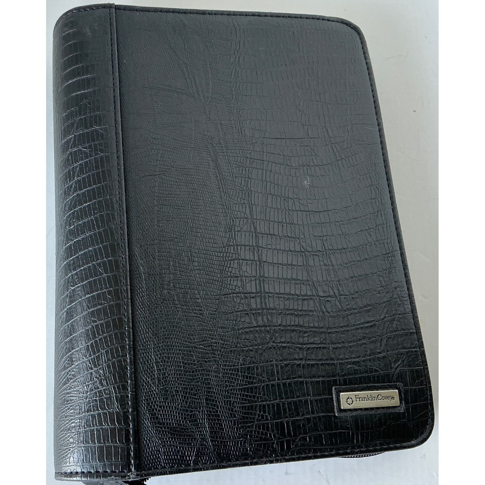 Franklin Covey Planner Binder Black Faux Lizard Zip Closure Professional Office